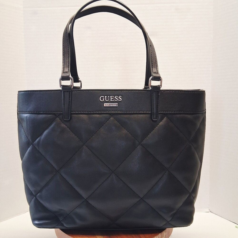 GUESS Black PV Leather Quilted Hand Bag Silver Hardware lined Vegan Pockets EUC